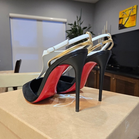 NEW Christian Louboutin Athina Black Suede and White Leather Heels 100mm Size 39 - Picture 7 of 11